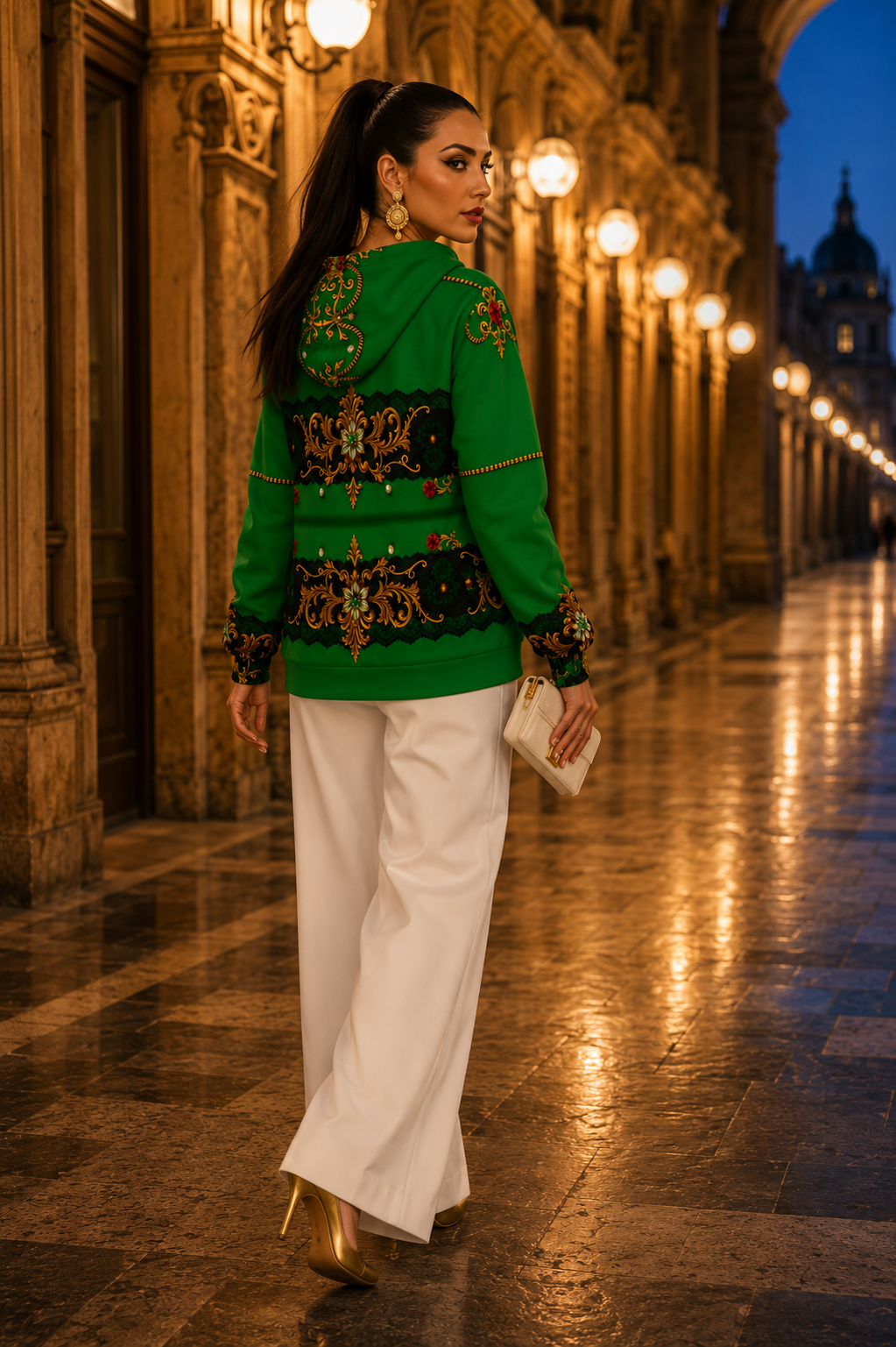 Emerald Green & Gold Baroque women's hoodie Elegant Evening Outfit Stylish Design