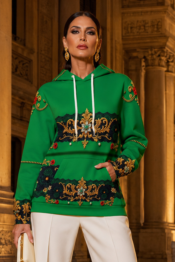 Emerald Green & Gold Baroque Women's Hoodie elegant outfit for evening occasions