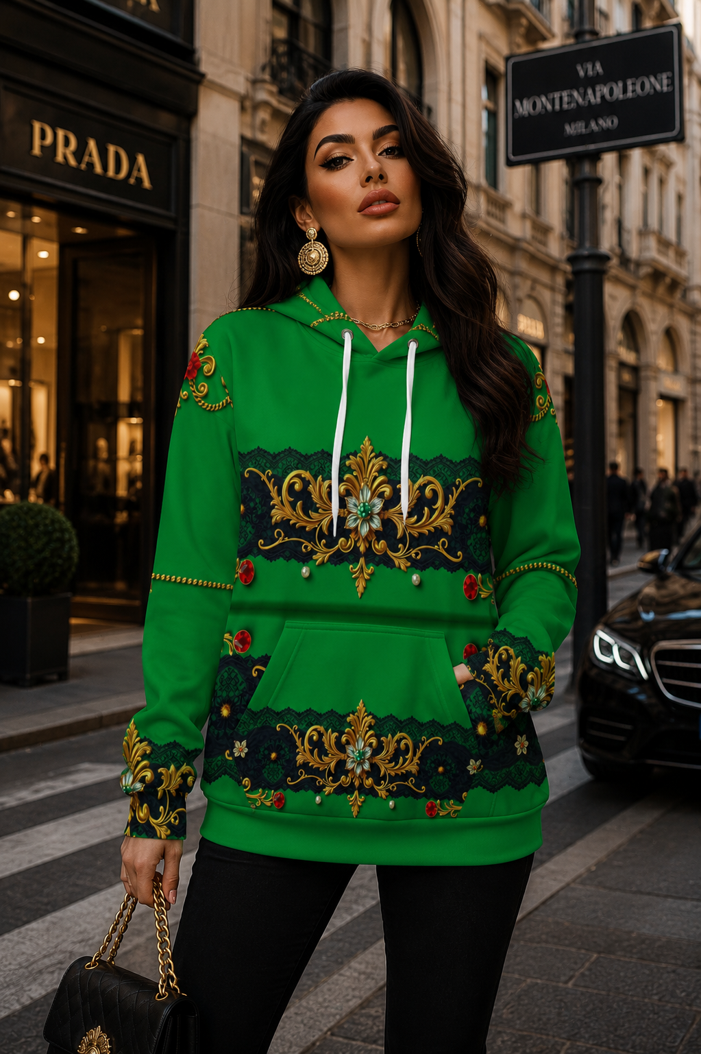 Emerald Green & Gold Baroque women's hoodie elegant outfit for evening style