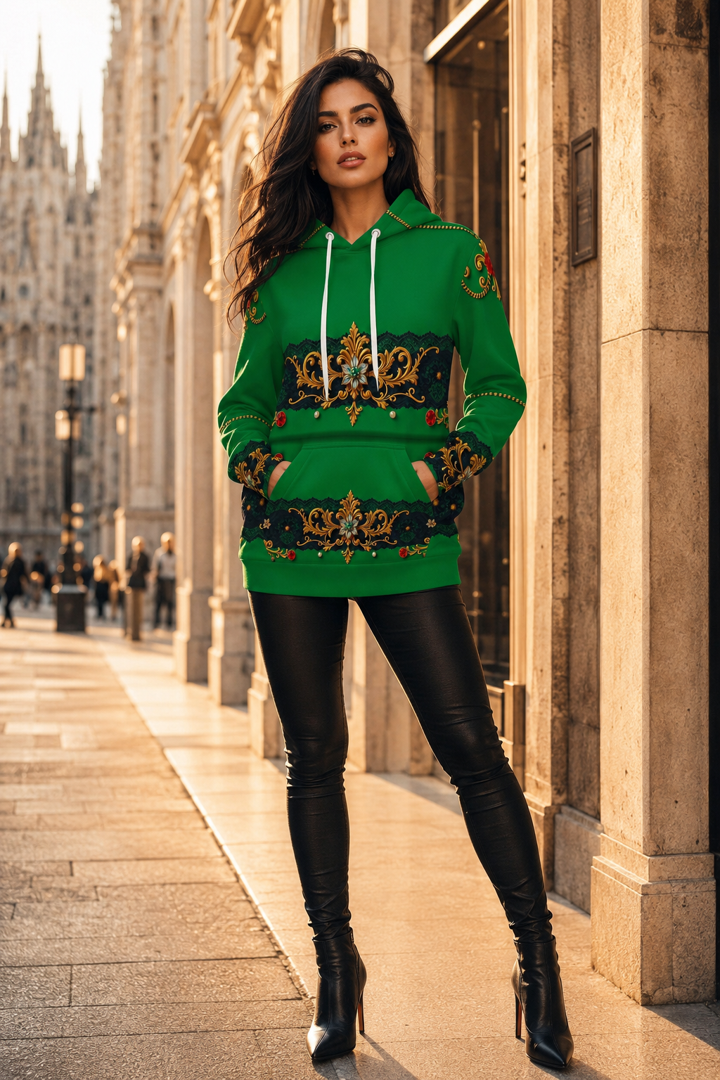 Emerald Green & Gold Baroque women's hoodie elegant outfit stylish evening wear