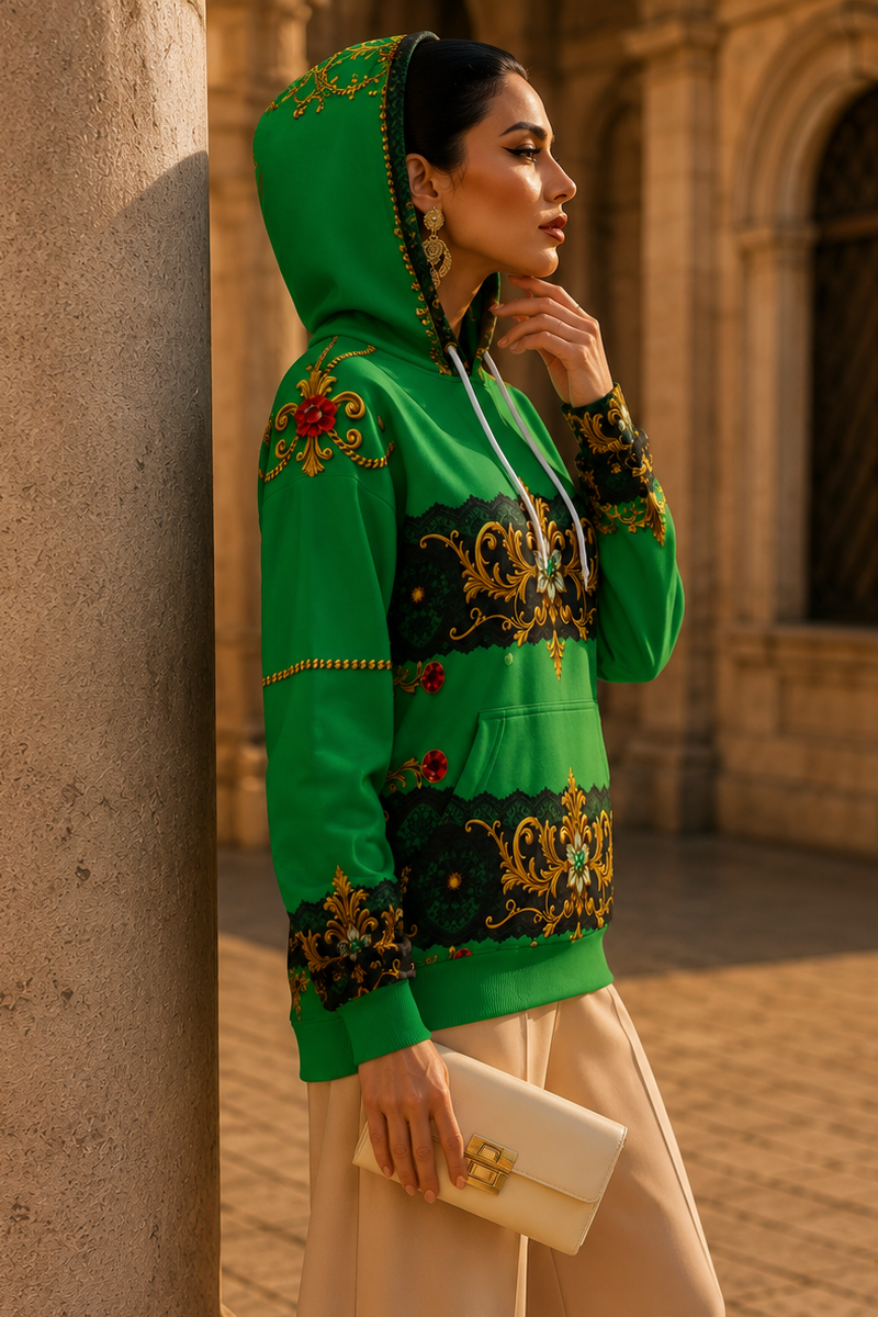 Emerald Green & Gold Baroque women's hoodie elegant evening outfit with intricate patterns
