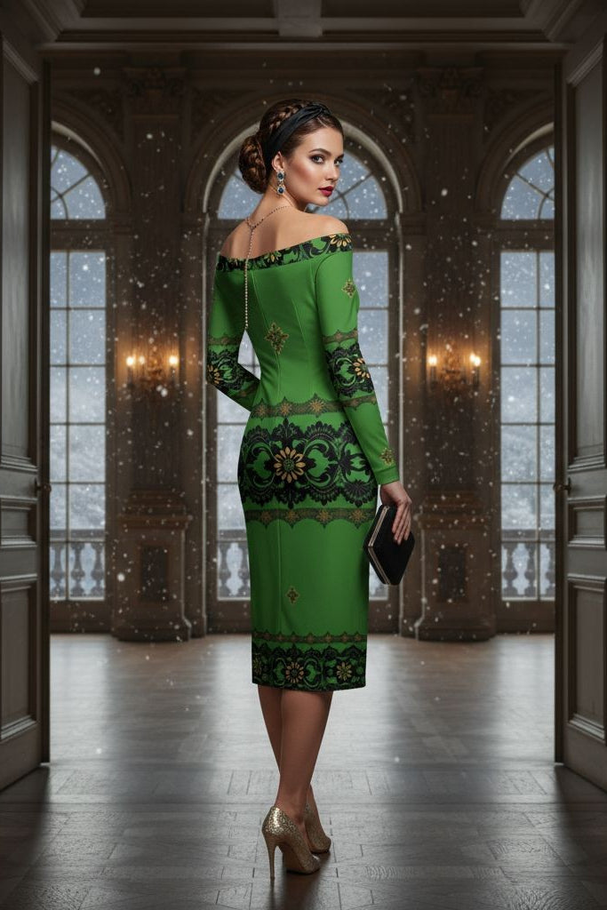 Woman wearing emerald off the shoulder bodycon dress with black floral patterns in elegant setting