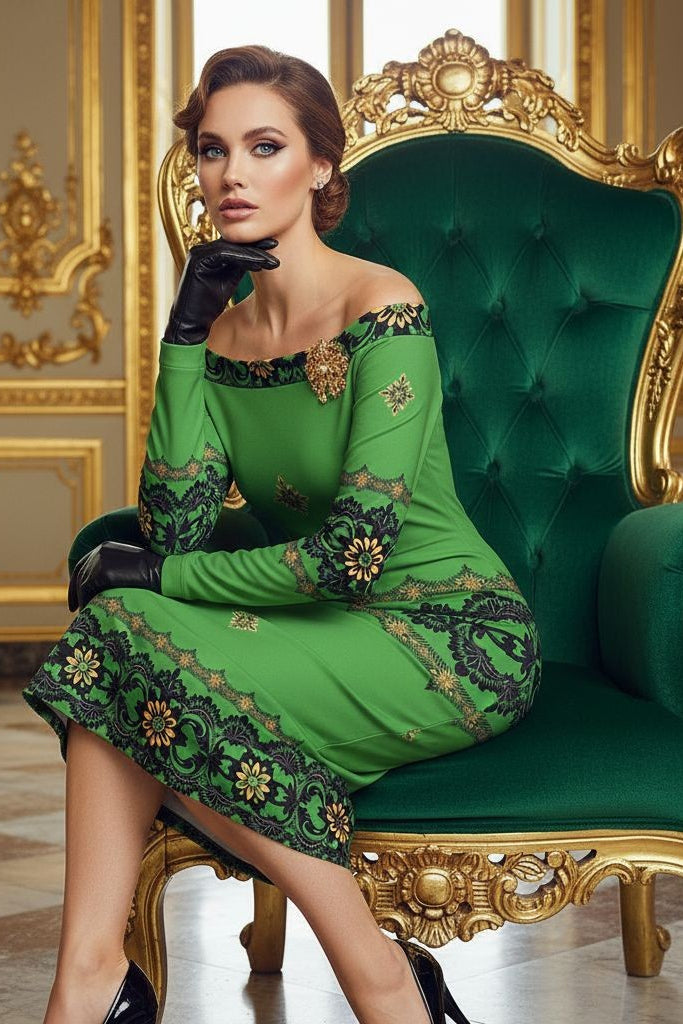 Elegant woman wearing Emerald Braemar Women’s Off-The-Shoulder Long Sleeve Midi Bodycon Dress XS–6XL seated on ornate green and gold chair
