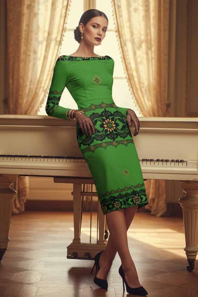 Woman wearing Emerald Braemar Women’s Off-The-Shoulder Long Sleeve Midi Bodycon Dress XS–6XL in elegant room by white piano