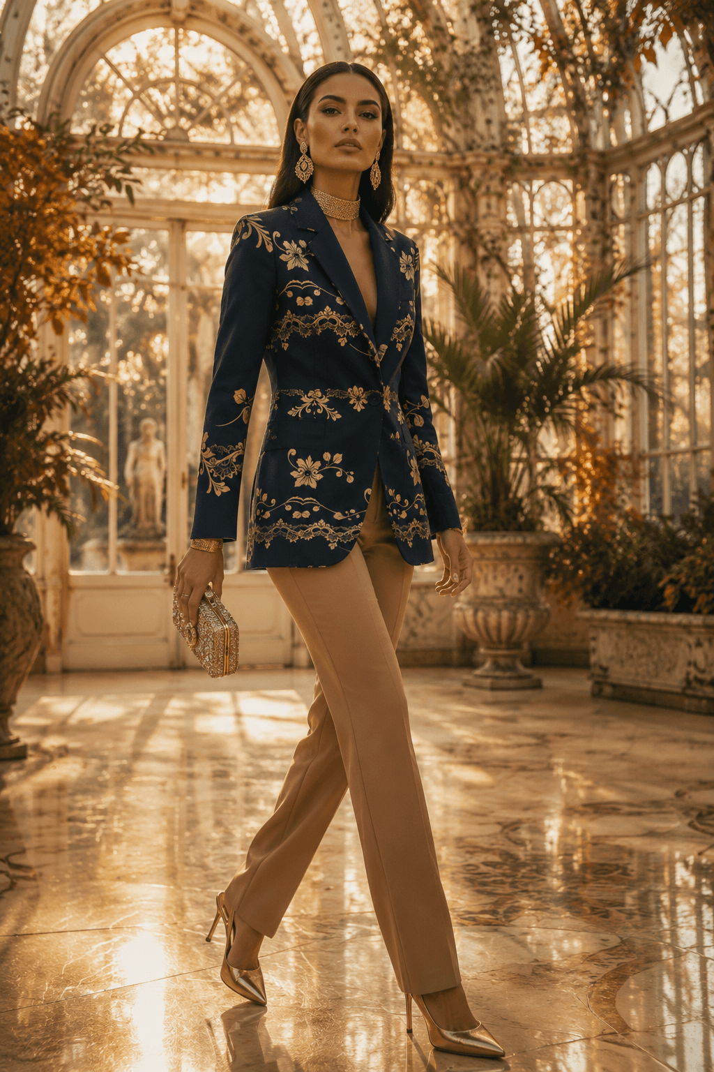 A woman models a navy blue blazer with intricate gold floral embroidery, paired with beige trousers and gold heels, walking through a sunlit greenhouse with glass walls and potted plants.
