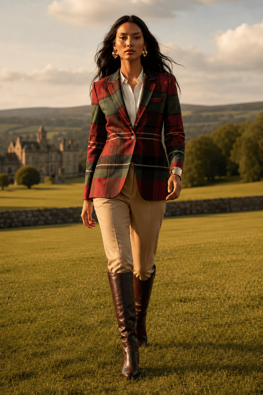 Urban streetstyle look featuring a burgundy and green check jacket, capturing the top fall fashion trends for 2026.