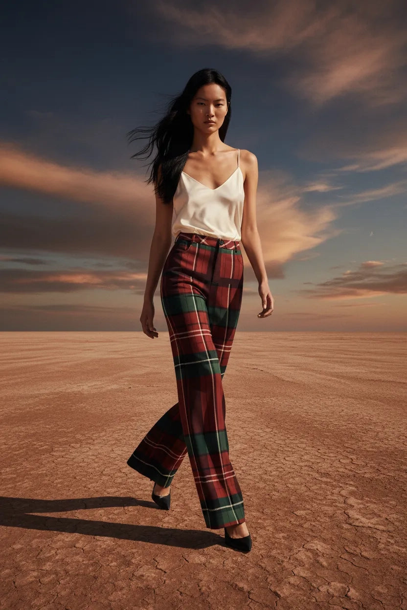 Woman wearing burgundy green tartan trousers women with white sleeveless top walking on dry landscape
