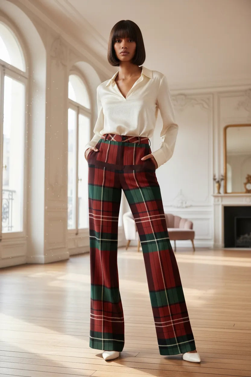 Woman wearing burgundy green tartan trousers women styled with a white blouse in a bright elegant room