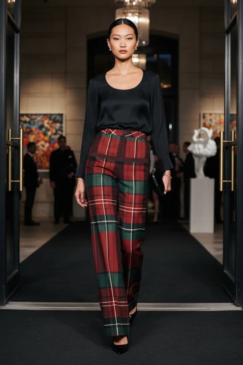 Burgundy green tartan trousers women styled with a black blouse on a fashion runway