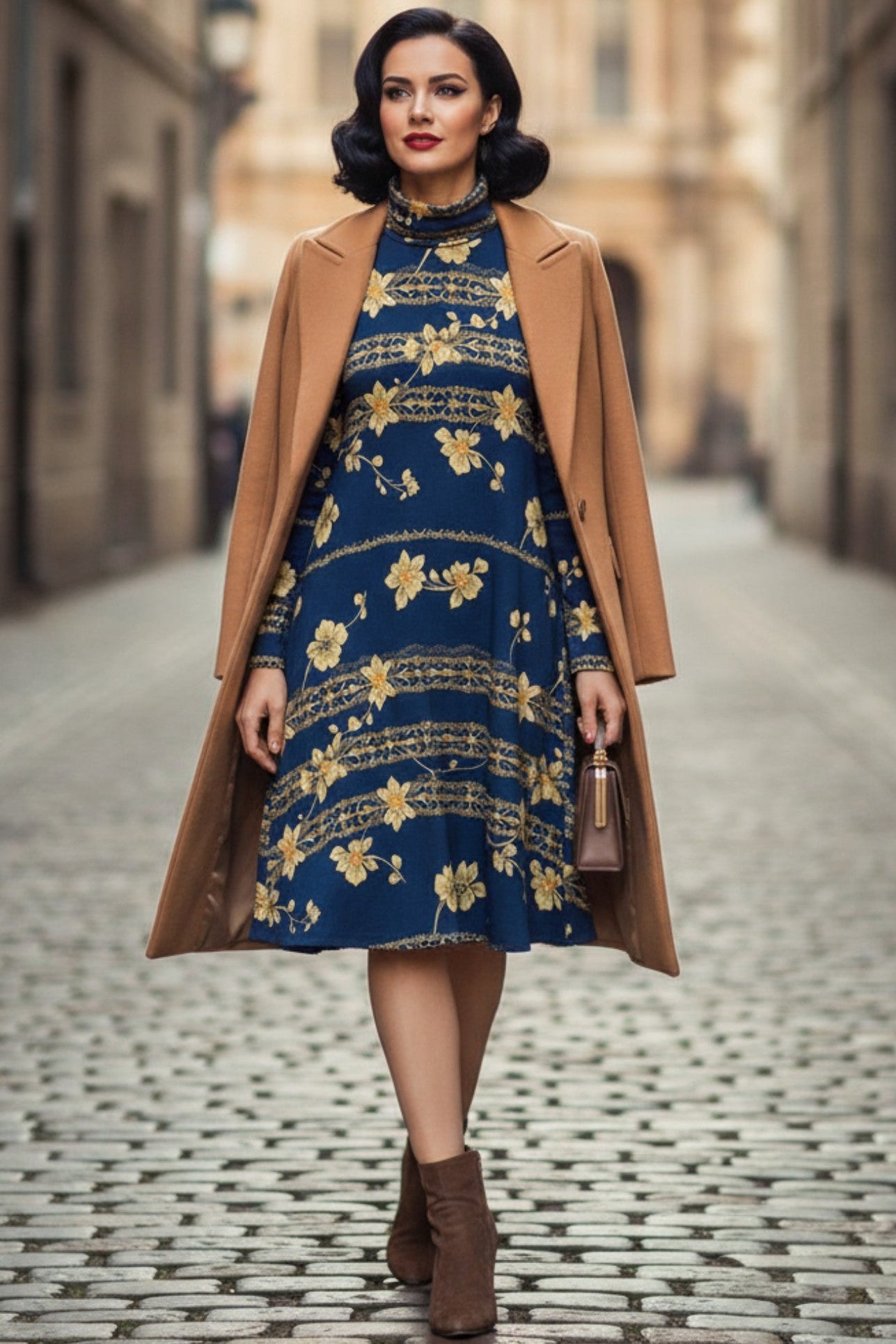 Woman wearing a navy blue floral high neck dress with a camel coat and brown ankle boots walking on cobblestone street