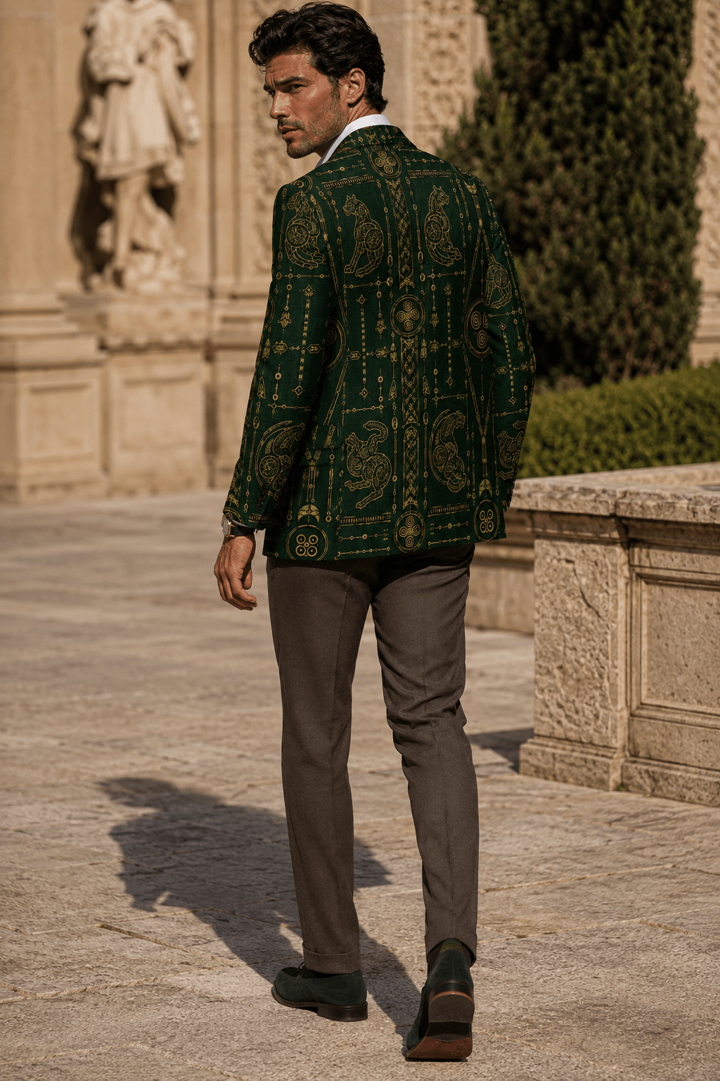 Forest Green Gold men's blazer Elegant Evening Outfit with Artistic Tailoring