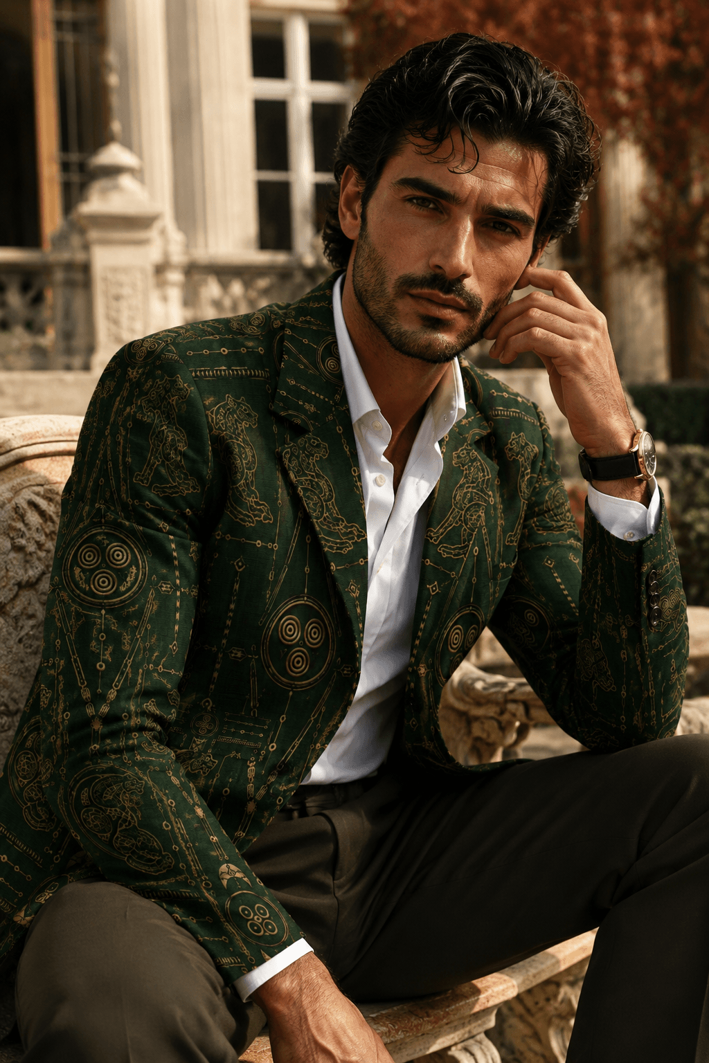 Ancient Pictish Forest Green Gold Men's Blazer Elegant Evening Outfit Stylish Tailored Fit