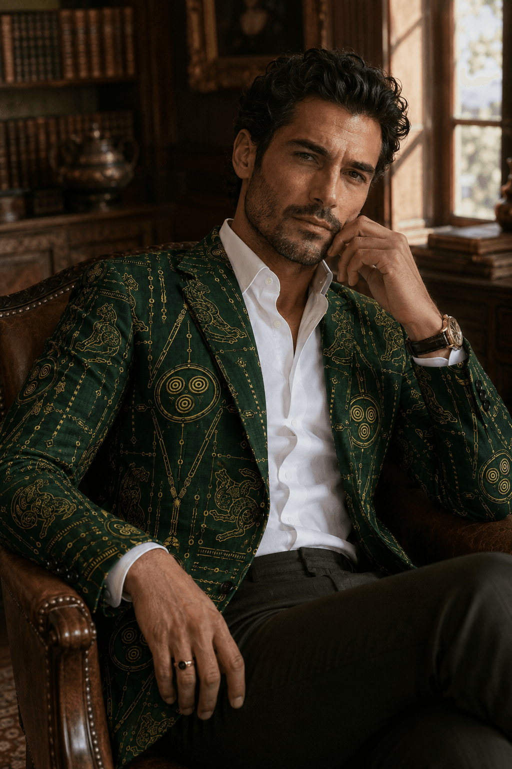 Forest Green Gold men's blazer elegant outfit for evening artistic tailoring
