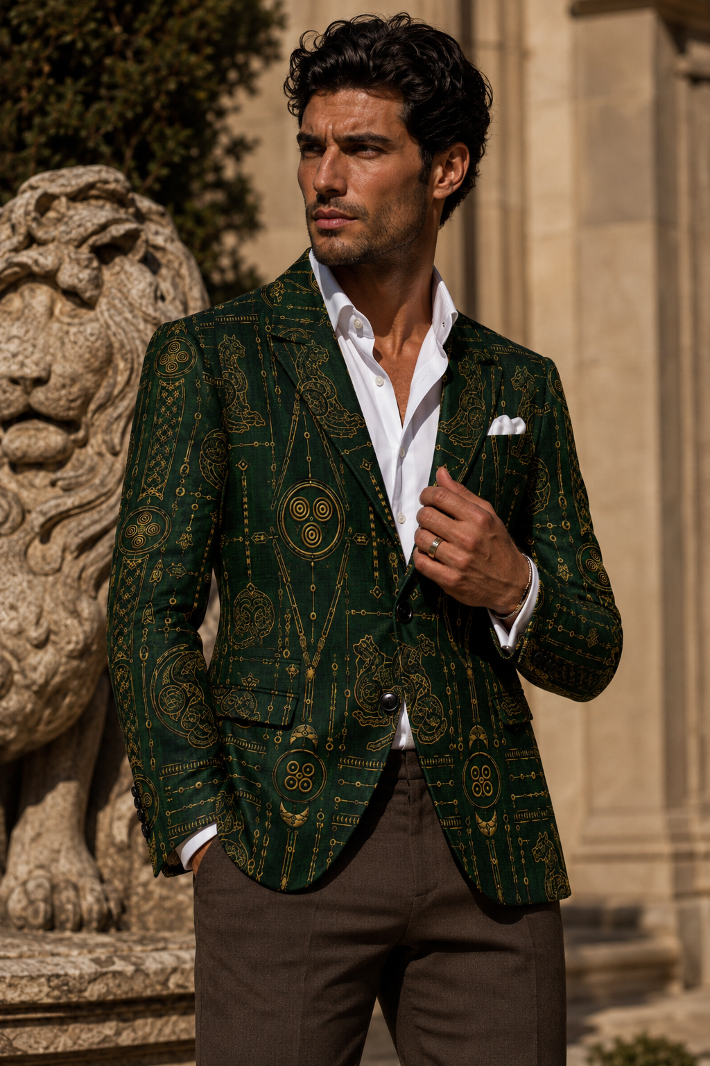 Forest Green Gold men's blazer elegant evening outfit with intricate artistic tailoring