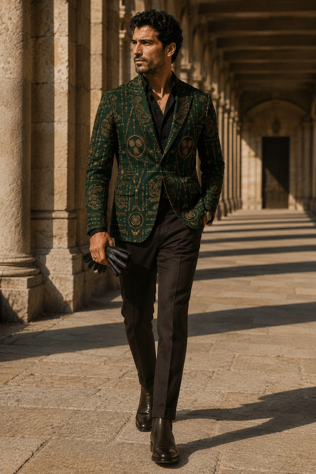 Forest Green Gold men's blazer Elegant Evening Outfit Artistic Tailoring Style