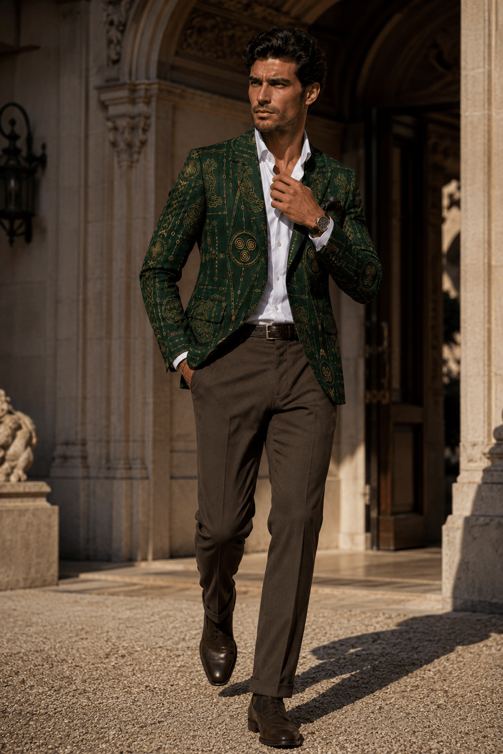 Forest Green Gold men's blazer elegant evening outfit with tailored fit