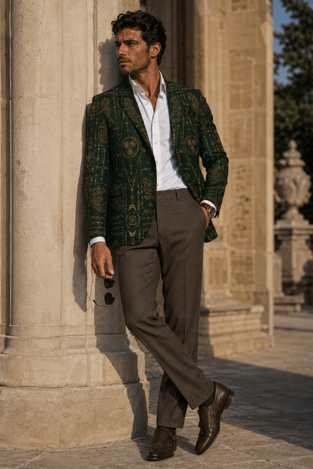Forest Green Gold men's blazer elegant evening outfit with patterned design