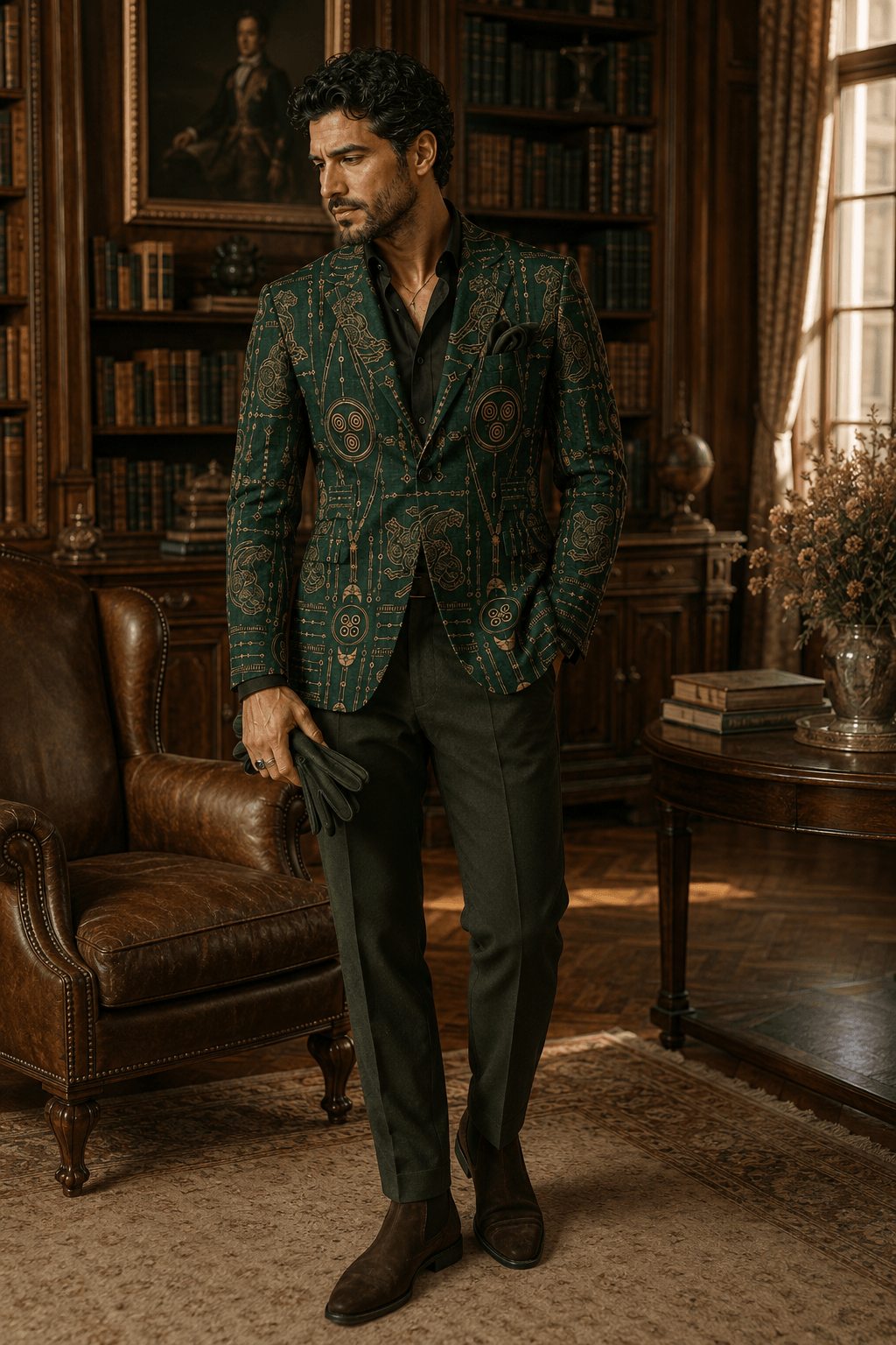 Forest Green Gold men's blazer Elegant Evening Outfit Artistic Tailoring