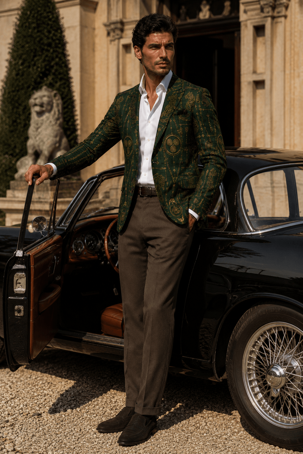 Forest Green Gold men's blazer elegant outfit for evening events stylish tailoring