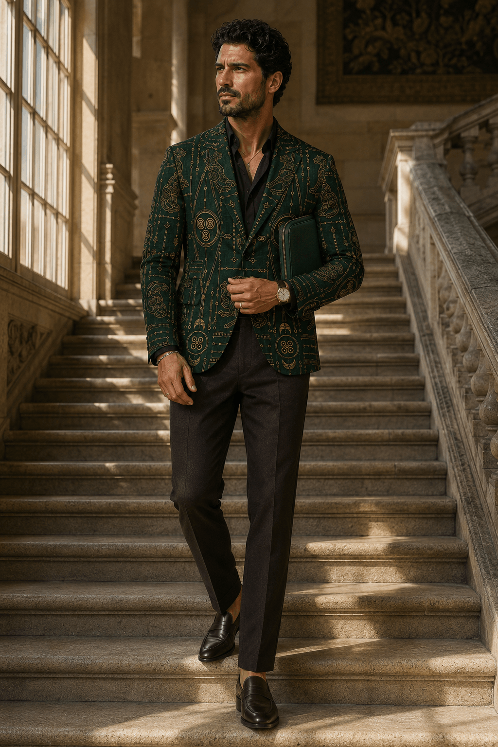 Forest Green Gold men's blazer Elegant evening outfit with tailored fit and intricate design
