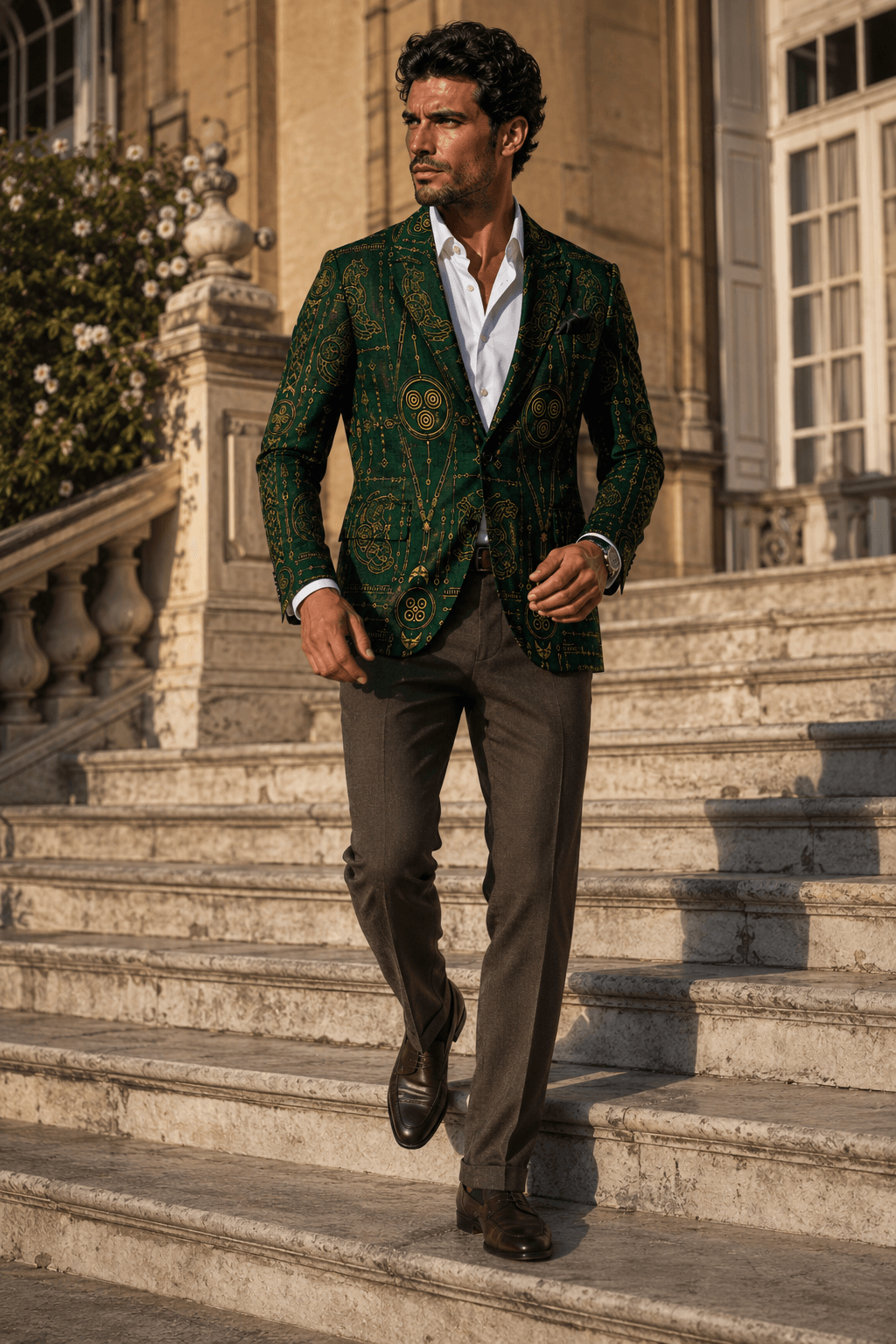 Forest Green Gold men's blazer elegant evening outfit with patterned artistic tailoring