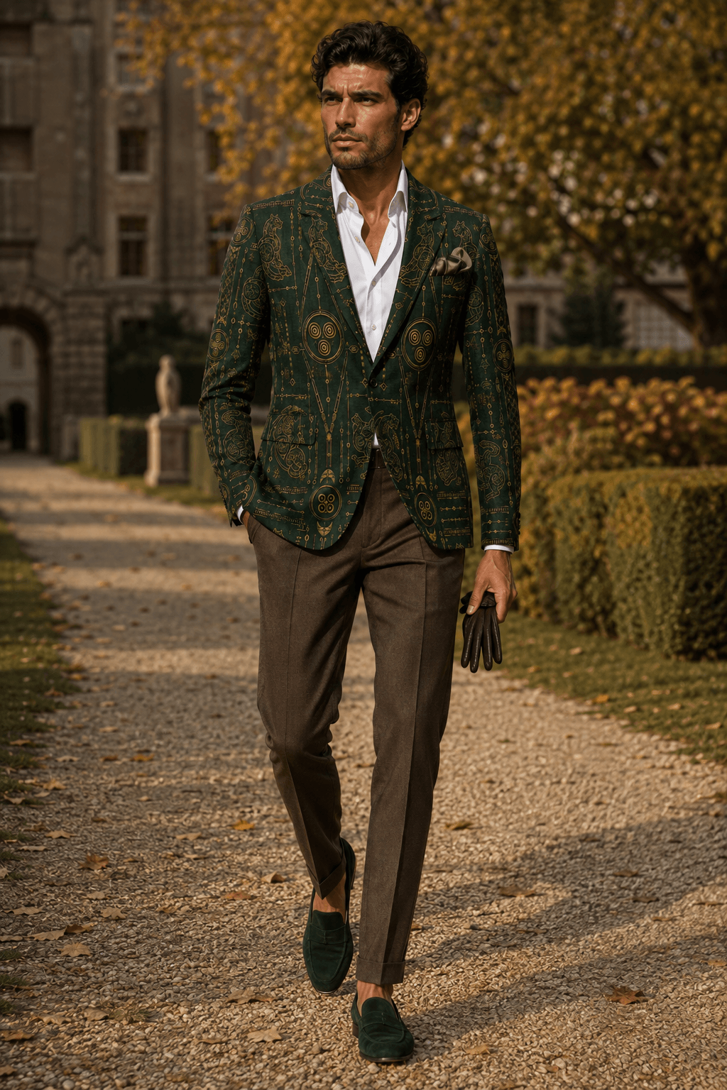 Forest Green Gold men's blazer elegant evening outfit with tailored fit and stylish design