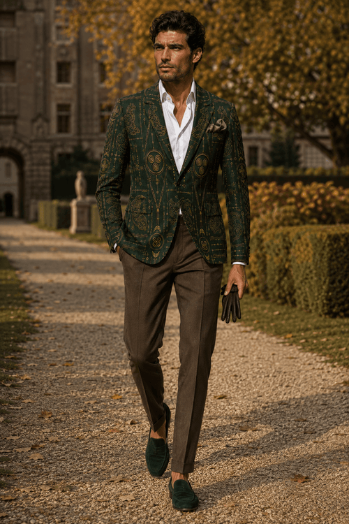 Forest Green Gold men's blazer elegant evening outfit with tailored fit and stylish design