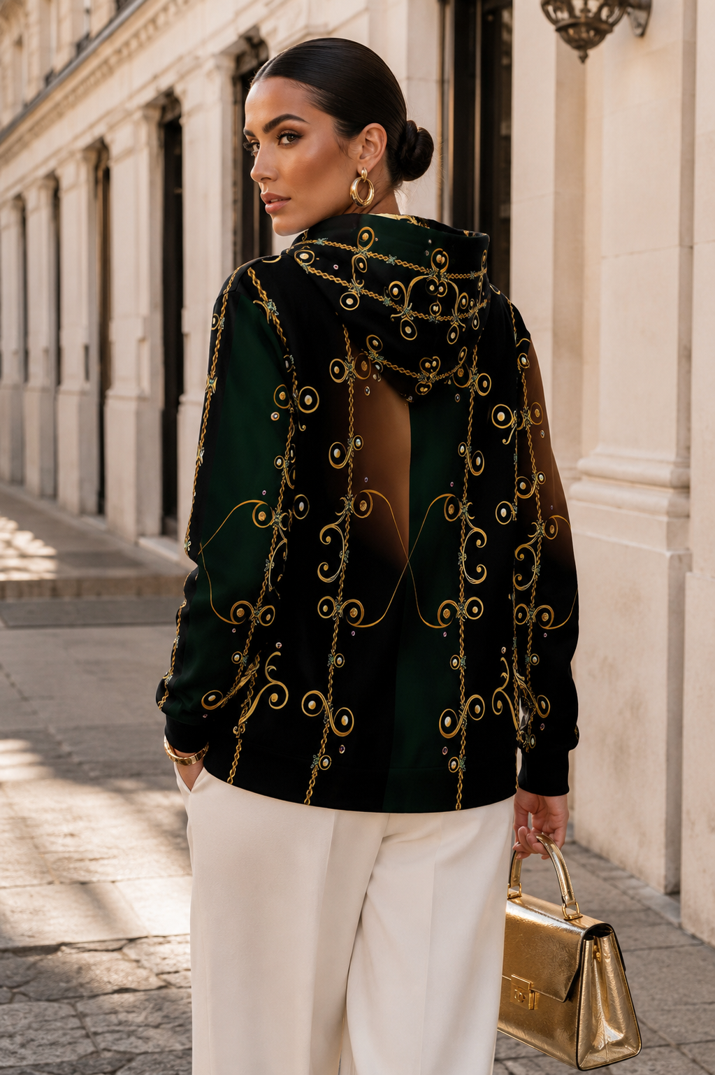 Forest Green Velvet womens hoodie sweatshirts with elegant open-back design for evening outfit
