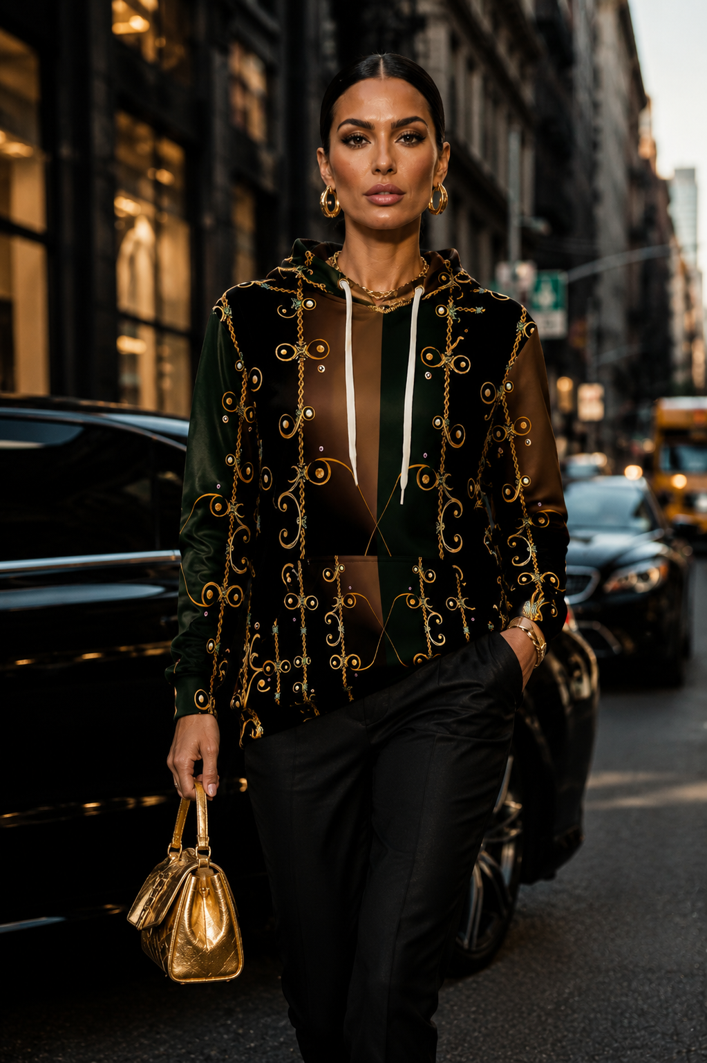 Forest Green Velvet womens hoodie sweatshirts Elegant Evening Outfit with Gold Accessories