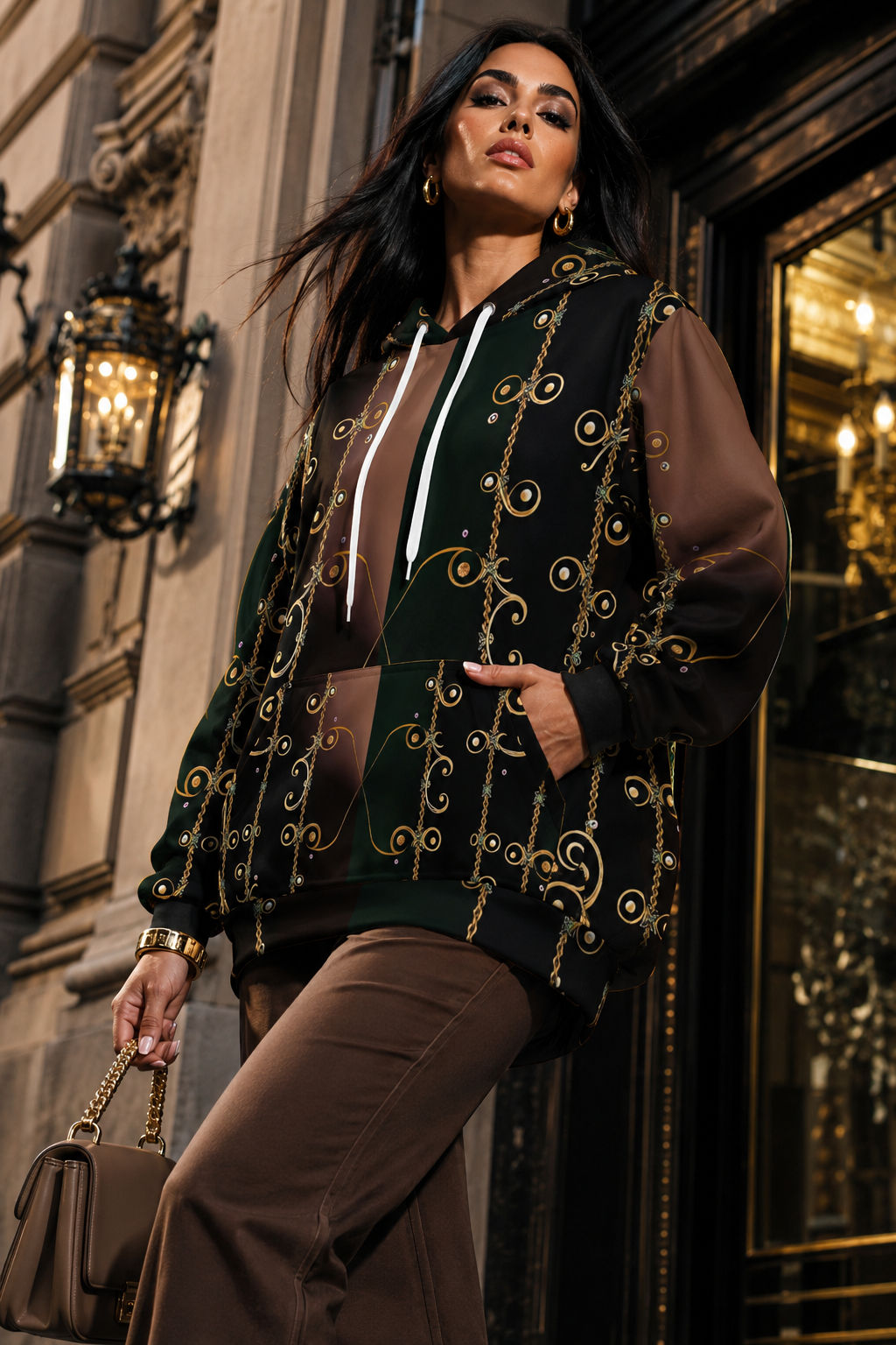 Forest Green Velvet Womens Hoodie Sweatshirts with Elegant Evening Outfit Style and Chic Details