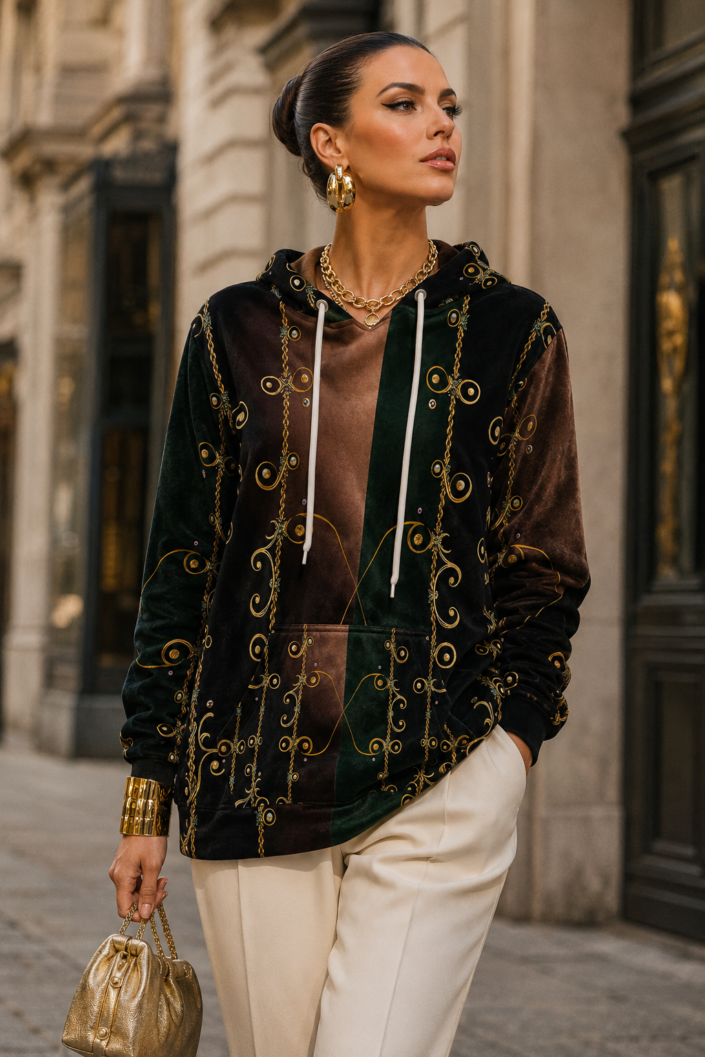 Forest Green Velvet Womens Hoodie Sweatshirts with Elegant Gold Pattern Evening Outfit