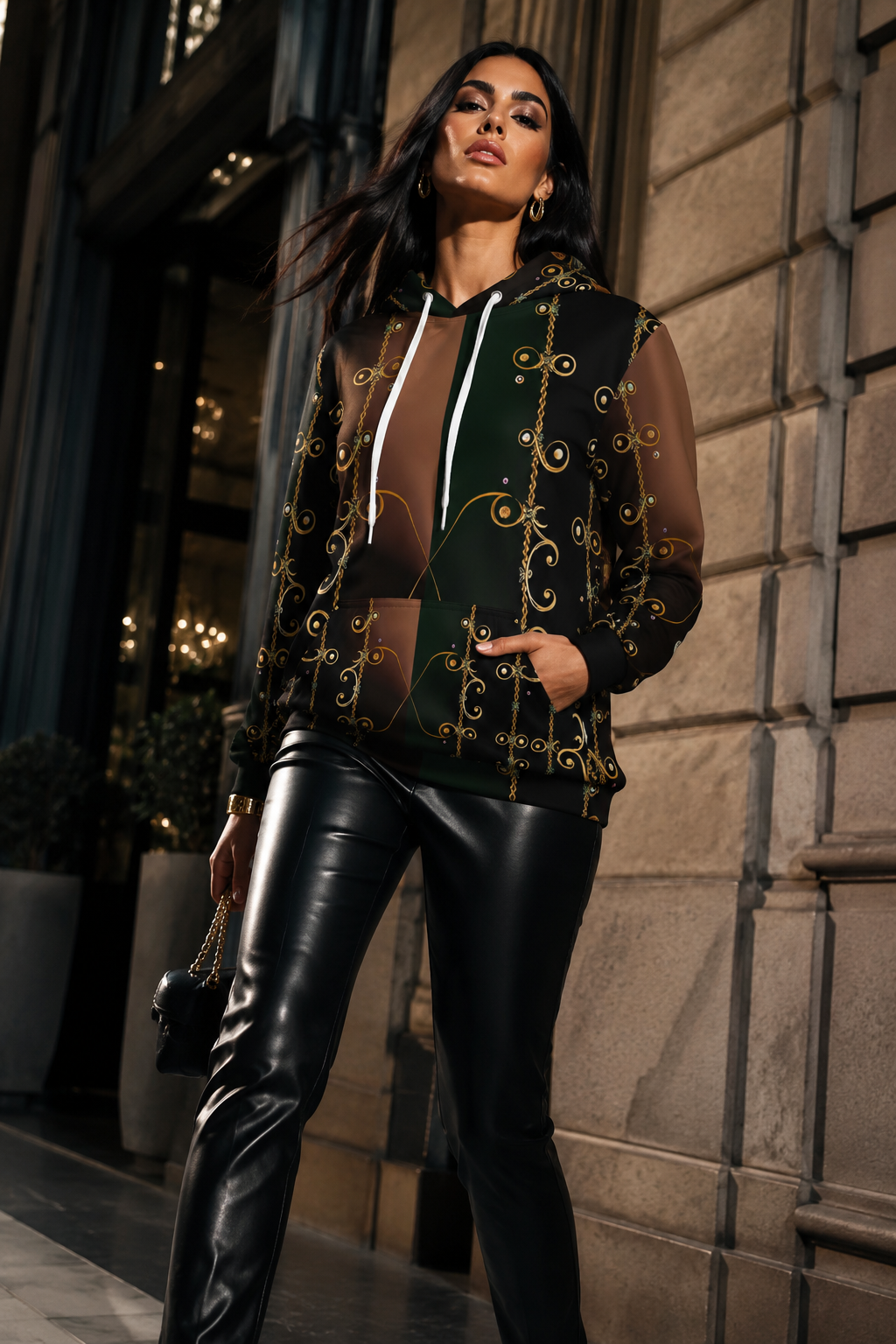 Forest Green Velvet Womens Hoodie Sweatshirts elegant evening outfit with leather pants