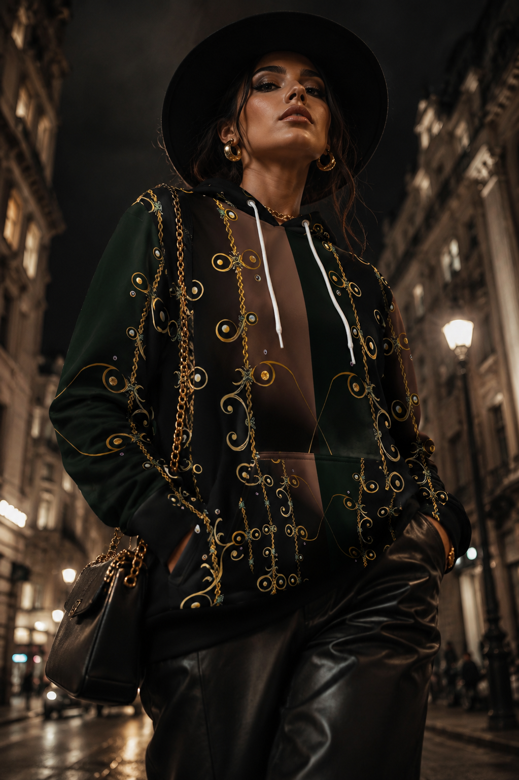 Forest Green Velvet womens hoodie sweatshirts with stylish evening outfit and elegant streetwear look