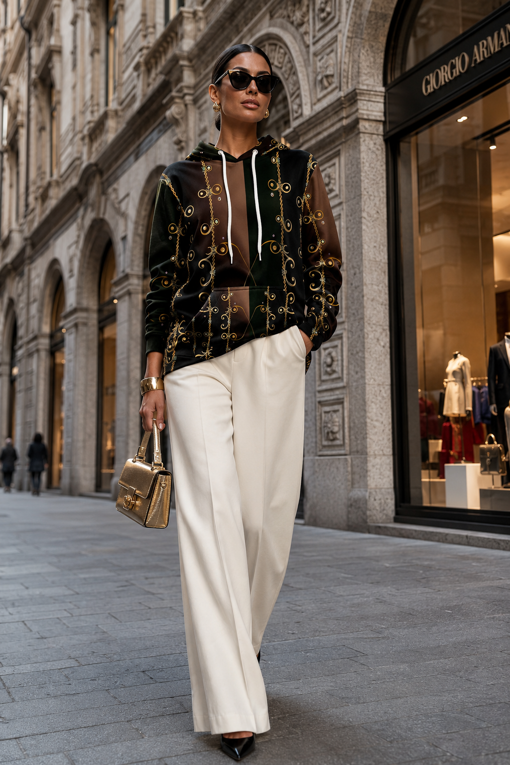 Forest Green Velvet womens hoodie sweatshirts stylish outfit with white pants and gold accessories