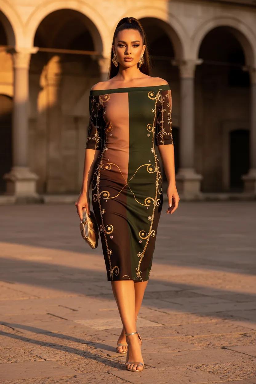 Forrest Green & Gold Baroque Midi Bodycon Dress Elegant Evening Outfit