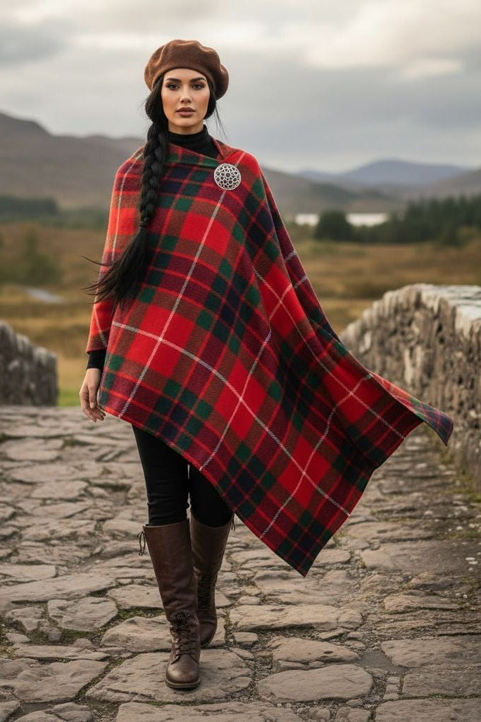 Woman wearing Fraser Clan Tartan All-Season Soft Touch Shawl Lightweight Wrap Scarf outdoors on stone bridge