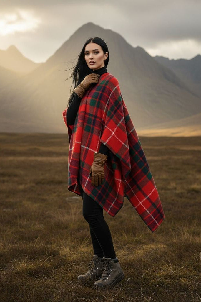 Woman wearing Fraser Clan Tartan All-Season Soft Touch Shawl Lightweight Wrap Scarf in scenic mountainous landscape