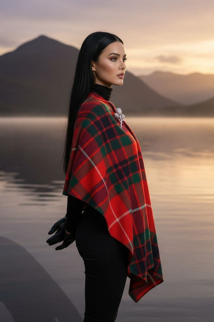 Woman wearing Fraser Clan Tartan All-Season Soft Touch Shawl Lightweight Wrap Scarf by Angelic Blessings Shop near lake at sunset
