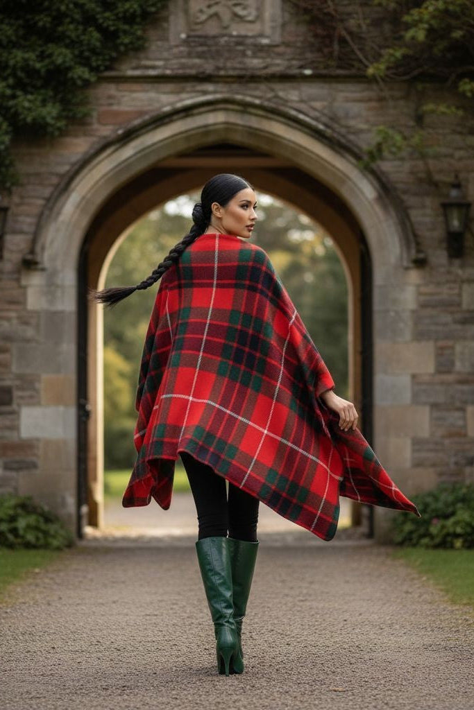 Woman wearing Fraser Clan Tartan All-Season Soft Touch Shawl Lightweight Wrap Scarf outdoors