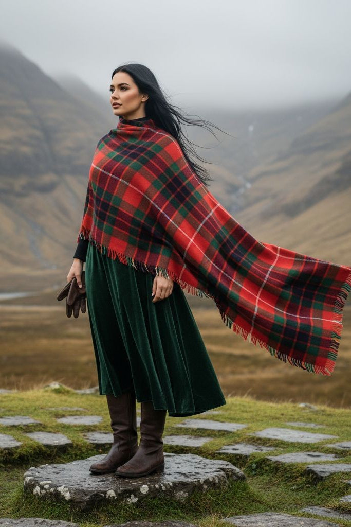 Woman wearing Fraser Clan Tartan All-Season Soft Touch Shawl Lightweight Wrap Scarf in scenic mountain landscape
