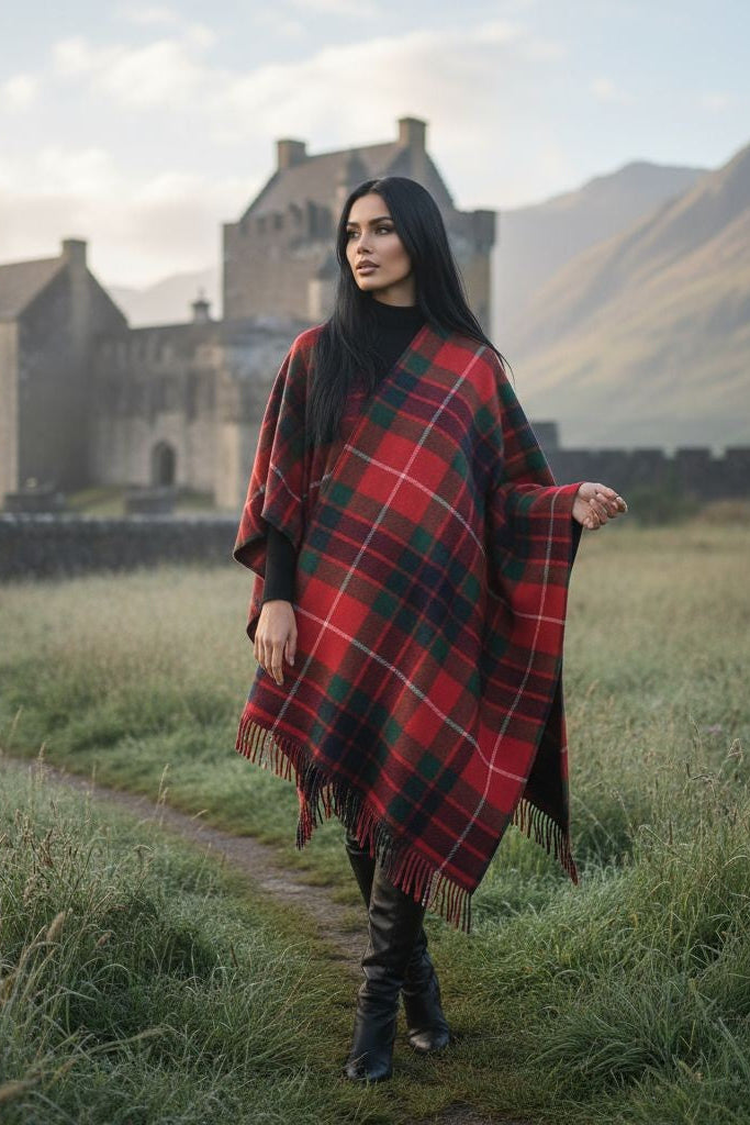 Fraser Clan Tartan All-Season Soft Touch Shawl lightweight wrap scarf worn outdoors near historic castle