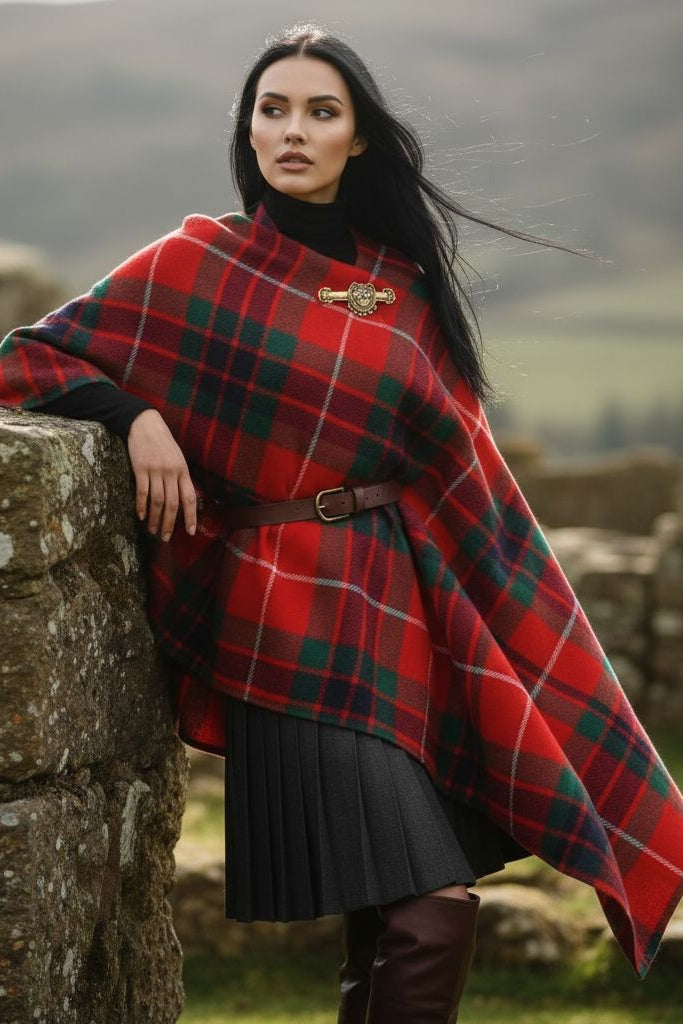 Fraser Clan Tartan All-Season Soft Touch Shawl Lightweight Wrap Scarf worn outdoors by woman