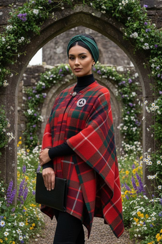 Fraser Clan Tartan All-Season Soft Touch Shawl Lightweight Wrap Scarf worn by woman in garden archway