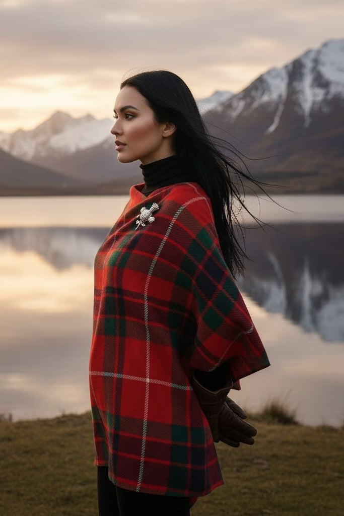 Woman wearing Fraser Clan Tartan All-Season Soft Touch Shawl Lightweight Wrap Scarf outdoors by a lake and mountains