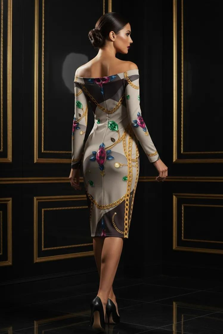 Off The Shoulder Baroque Bodycon Midi Dress Elegant Evening Outfit with Floral Chain Print