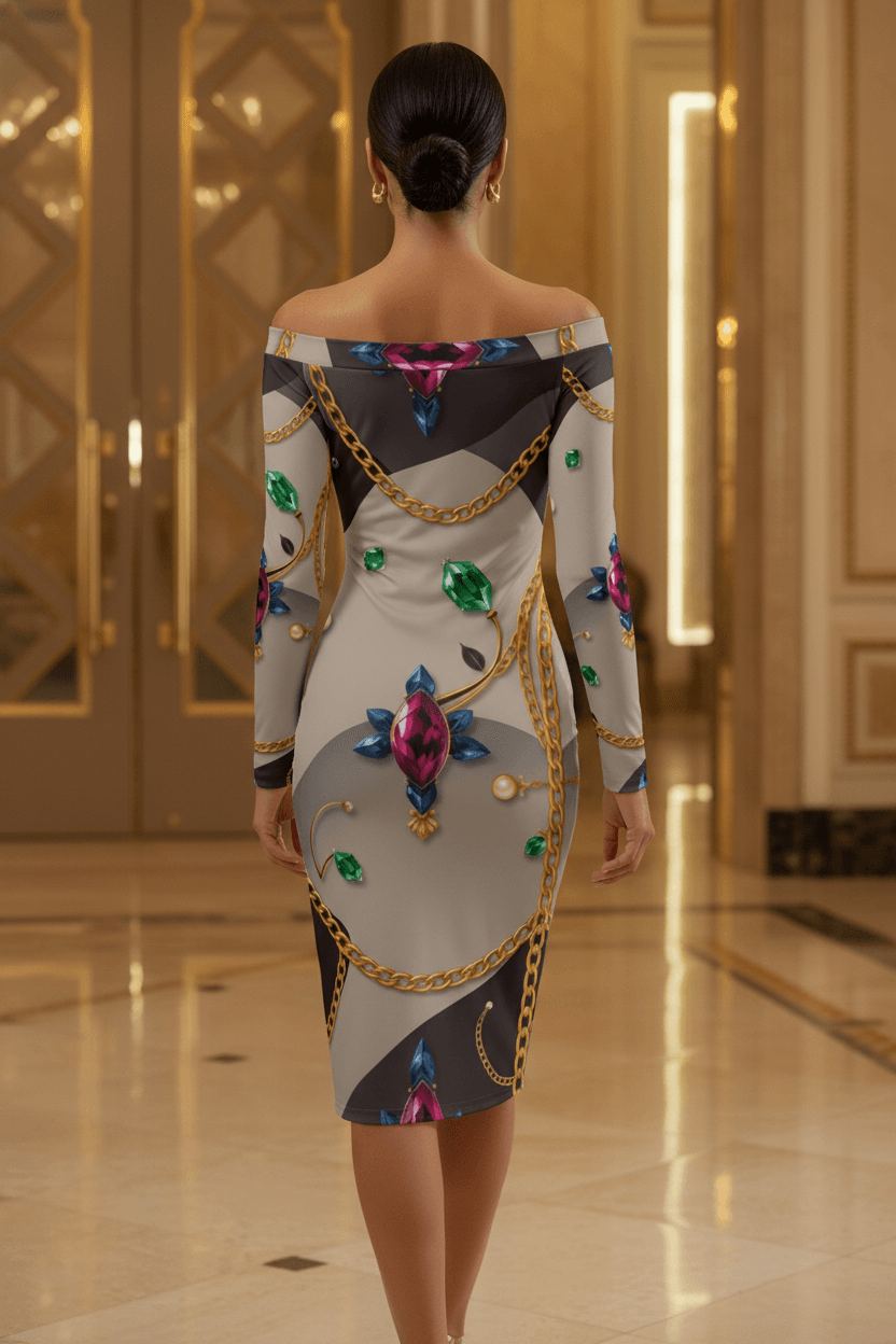 Off The Shoulder Baroque Bodycon Midi Dress Elegant Evening Outfit with Chains and Gem Pattern