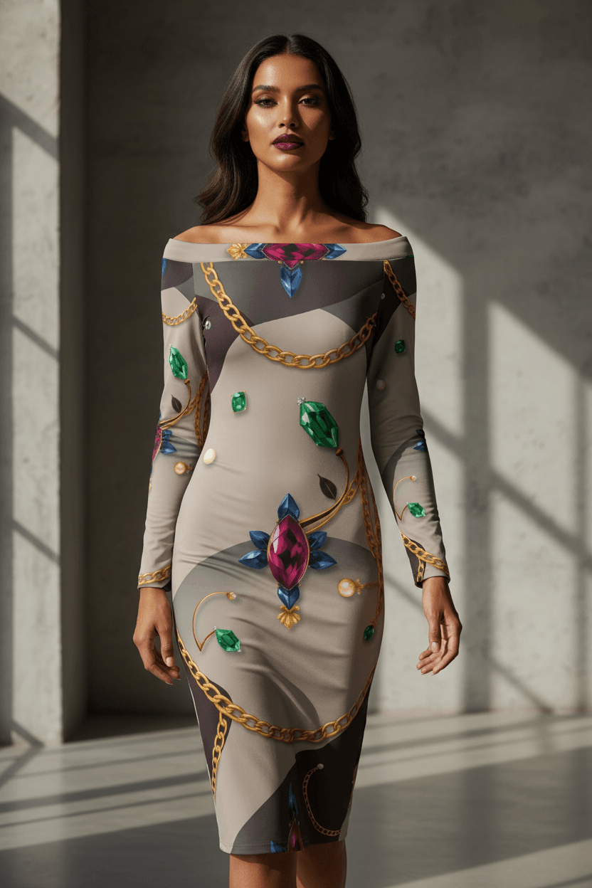 Off The Shoulder Baroque Bodycon Midi Dress Elegant Evening Outfit with Long Sleeves