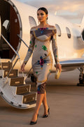 Off The Shoulder Baroque Bodycon midi dress elegant evening outfit with floral and chain details