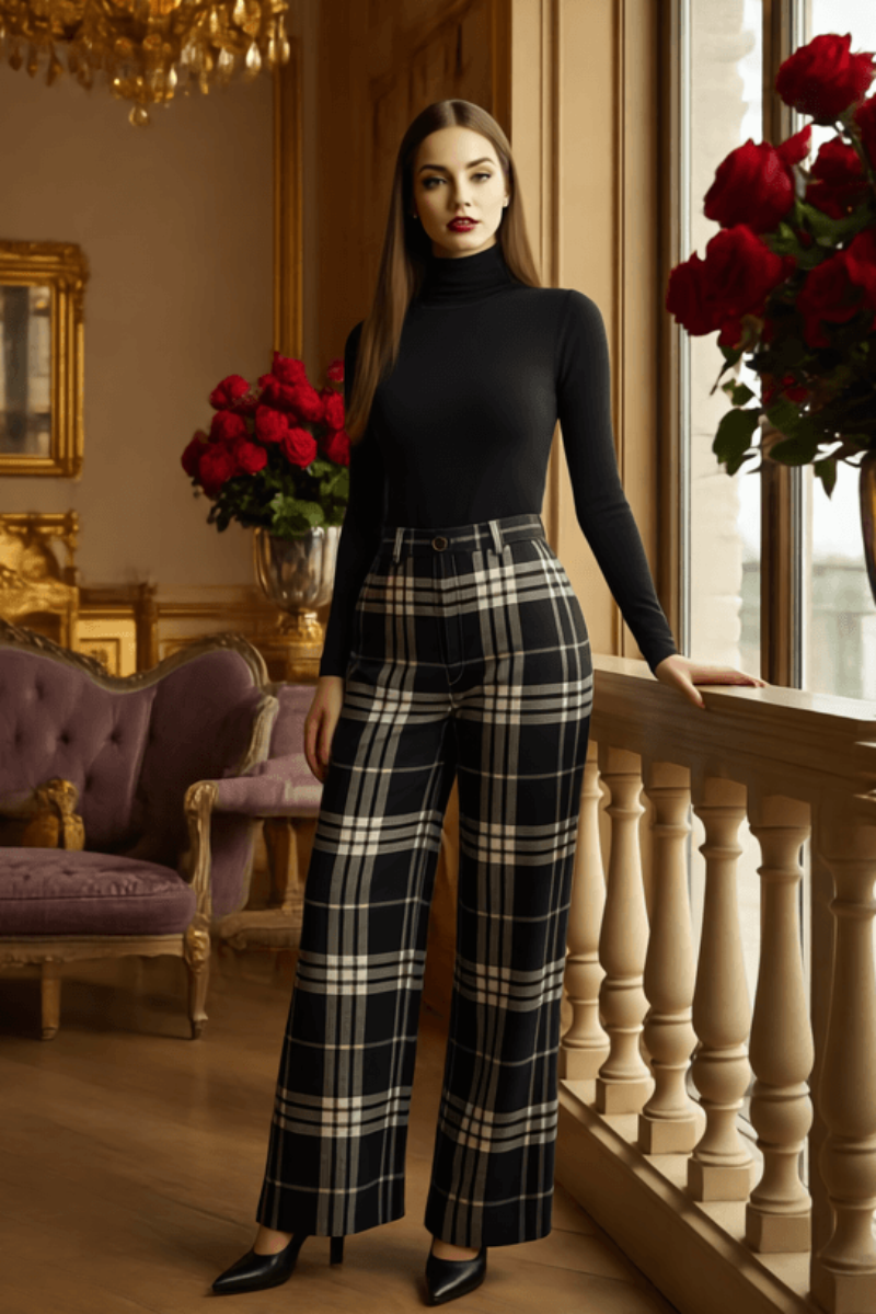 Woman wearing Glamis plaid high waisted trousers with black turtleneck in elegant room