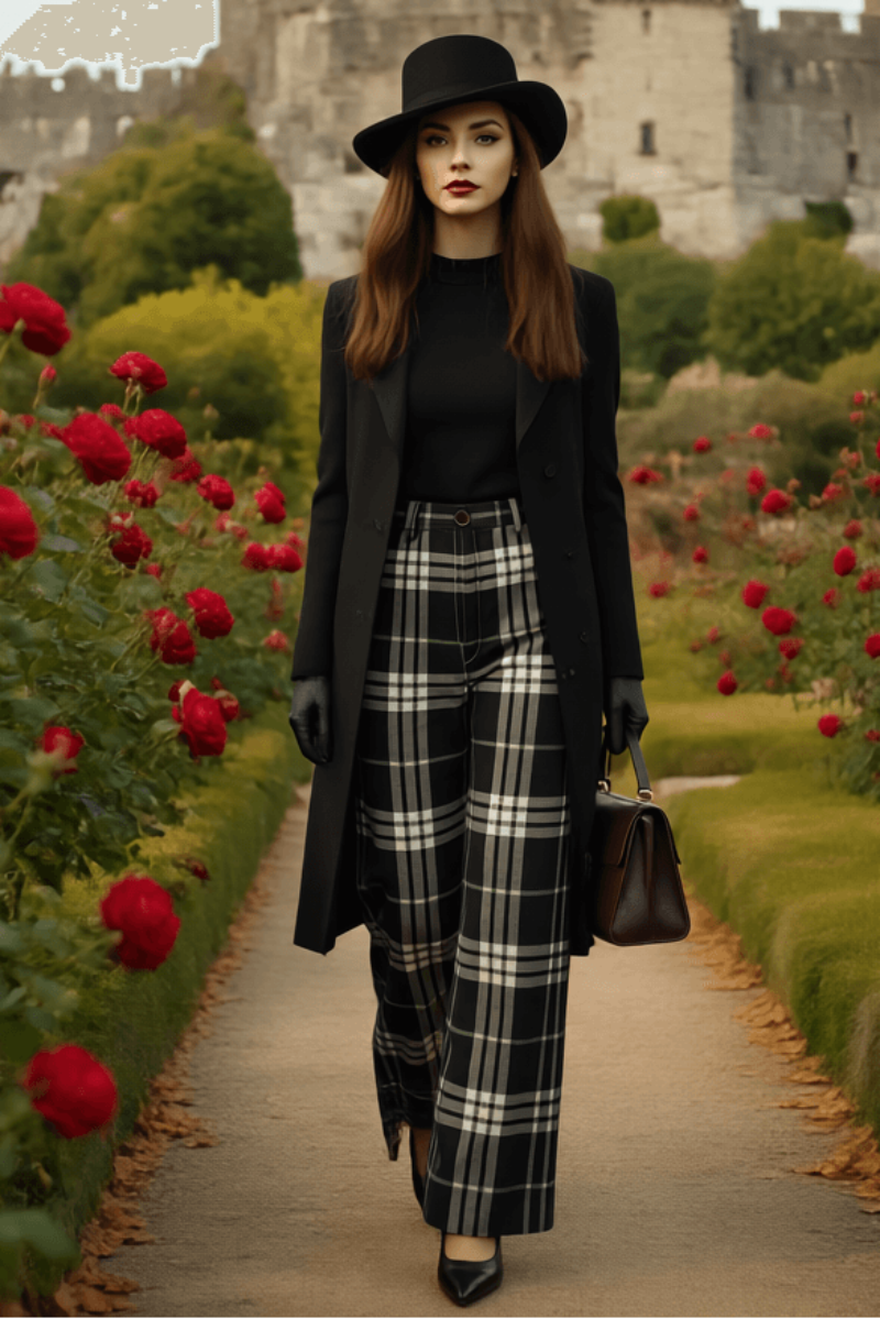 Woman wearing Glamis plaid high waisted trousers with a black coat and hat walking in a garden